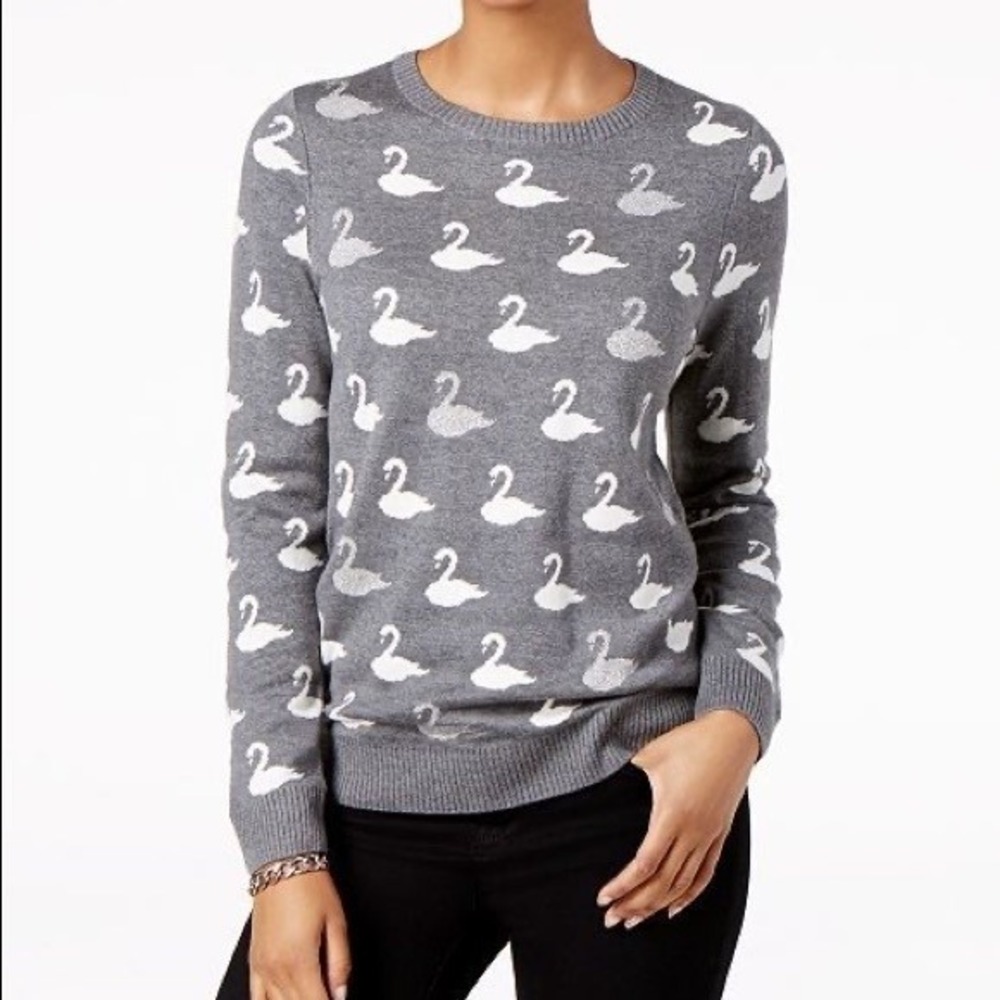 Charter Club Swan Sweater Women PL Gray Metallic Cottagecore Classic Preppy Soft